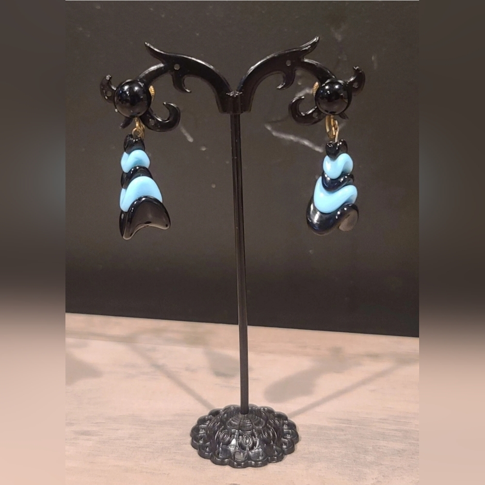 Made In Western Germany, Vintage Black & Blue Wave-Like Screwback Earrings -Read
